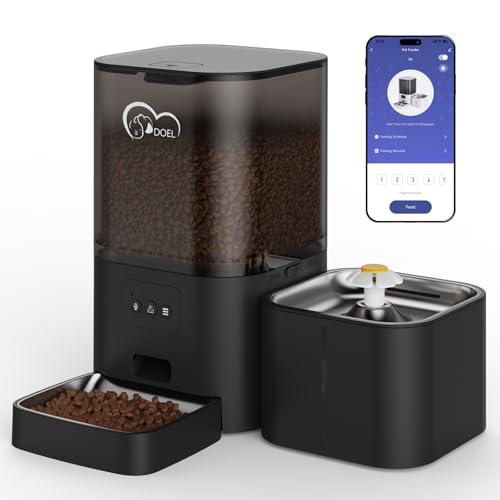 DOEL 2-in-1 Automatic Cat Feeder and Water Dispenser Large-Capacity 6L Dry Food Dispenser + 2.5L Water Dispenser with App Control Voice Recording Scheduled Feeding for Cats and Small Dogs (Black)