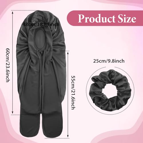 Abeillo Satin Bonnet for Women Silk Sleep Bonnet with Tie Band and Scrunchies, for Long Curly Hair and Braids (Black) - Image 2
