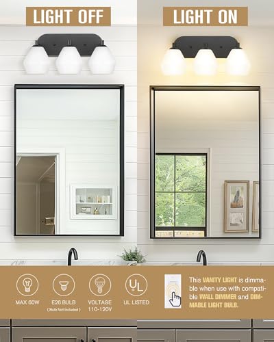 Image of Emak Black Bathroom Lighting Fixtures Over Mirror, Modern Bathroom Vanity Light with Clear Glass Shade, 3-Light Vanity Lights for Mirror, Bath, VL129-BK-ML-3
