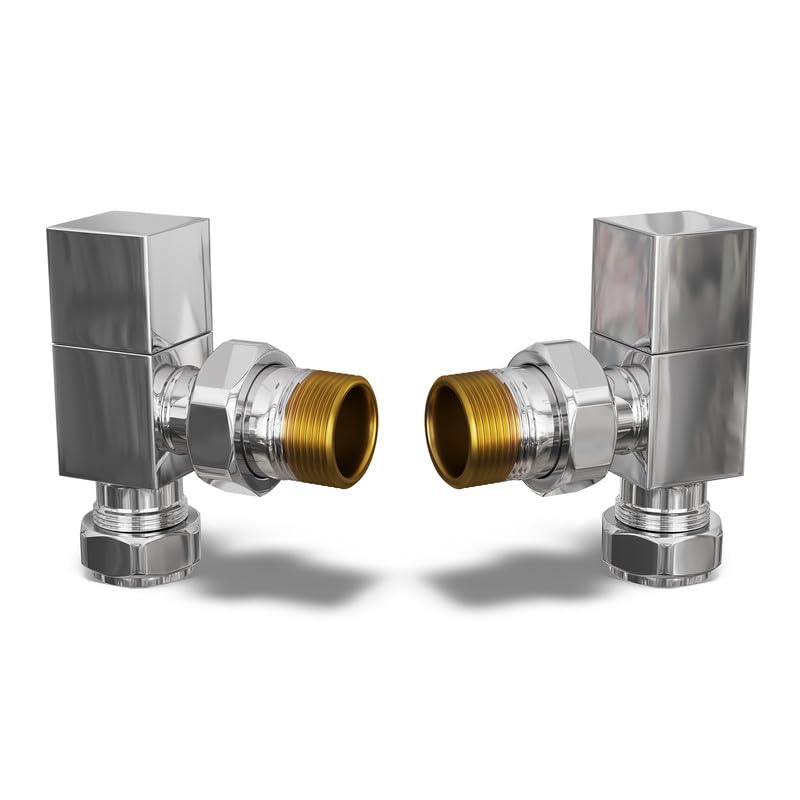 UK Radiators Square Chrome Radiator Valve Pair - Chrome Polished Finish - Classy and Modern Design 1/2" x 10mm Angled Radiator Valve Pair - Pair of Valves — image 1