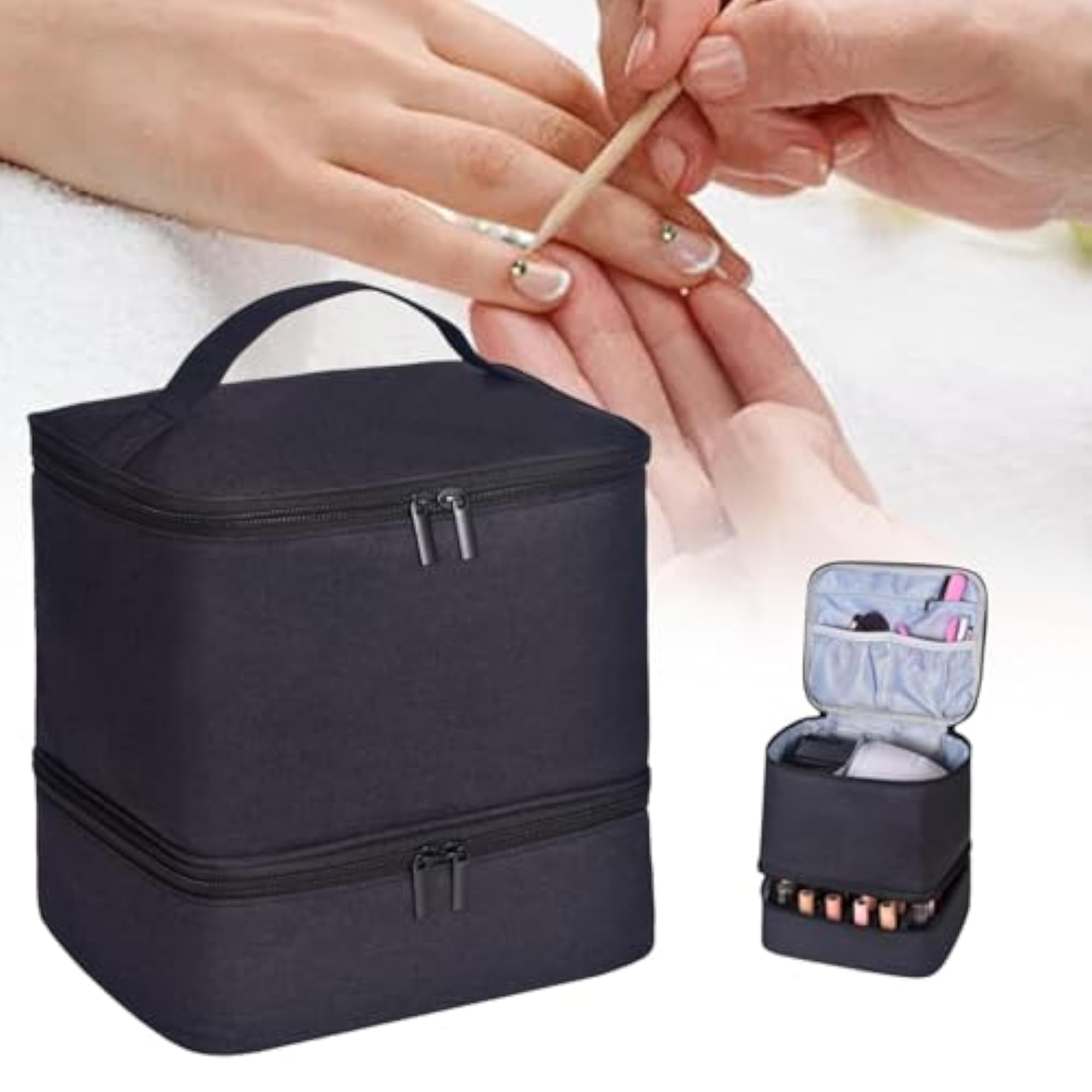 Double Layer Nail Polish Organizer Tote Bag for Makeup, Black