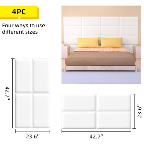 Raycity Peel and Stick Headboard for Twin and King in White Headboard Panels for Wall, 3D Anti-Collision Wall Panel, Self-Adhesive Bedroom/Living Room Upholstered Wall Panel (4 Panels/11.8\" x 23.6\")