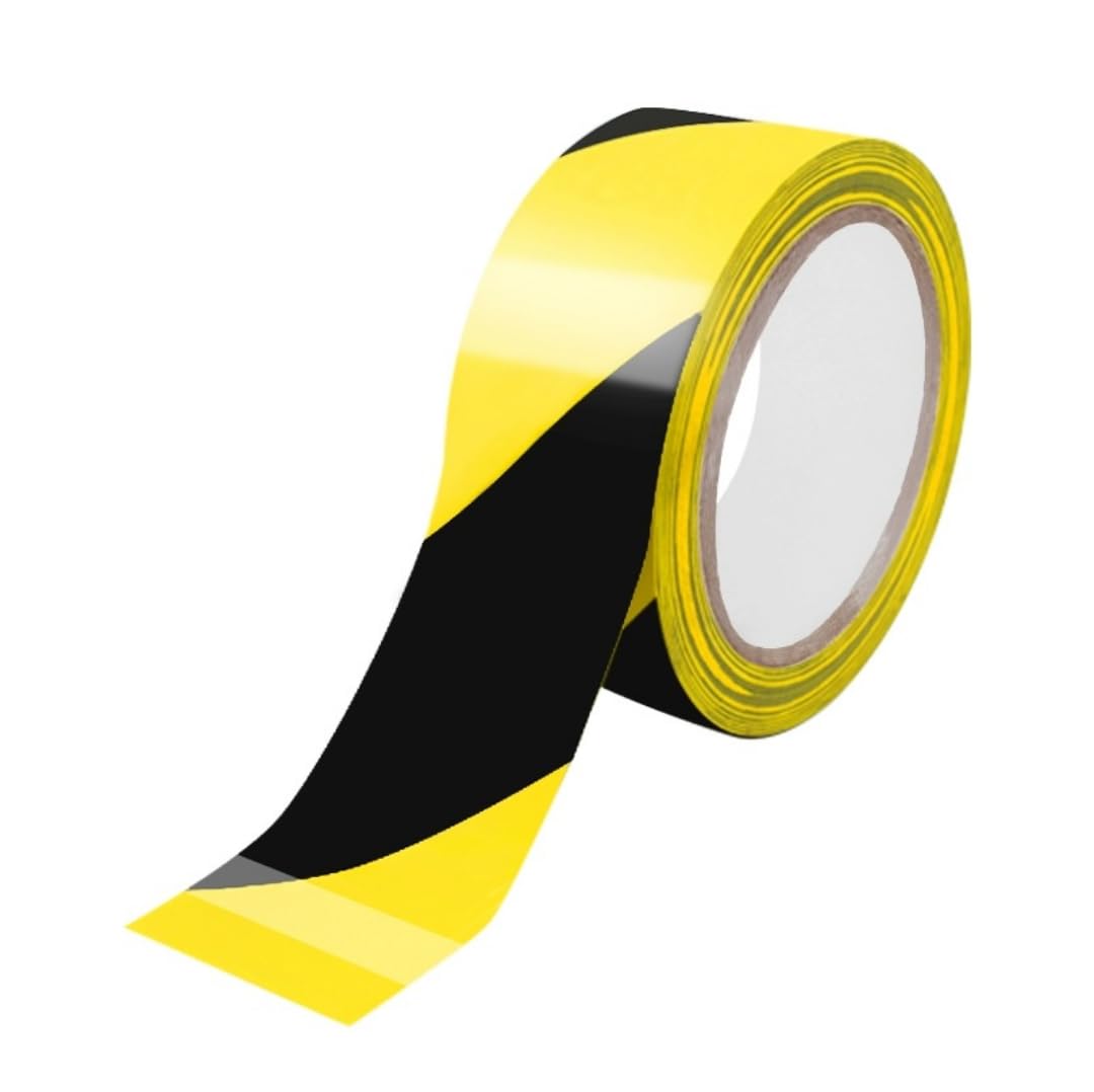 Black and Yellow Warning Tape 48mm x 33 meters, Caution Adhesive Tape, Marking Tape for Cement Floors, Wooden Floors, Ceramic Tiles, Marble, Walls, and Machine and Clean Room Floors