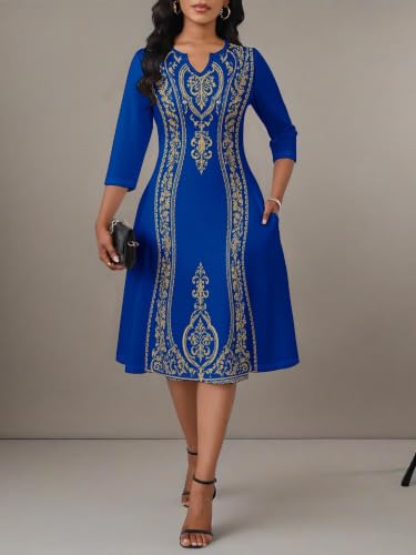 Image of PinkPatty Women's Casual 3 /4 Sleeve Midi Dresses Fit and Flare Church Work Dress with Pockets