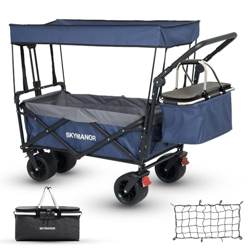 SKYMANOR Collapsible Wagon with Removable Canopy, 3-in-1 Heavy Duty Garden Cart with Big All-Terrain Wheels, Brakes, Adjustable Push Pull Handle, Cooler Bag, 300LBS Wagon Cart for Camping (Blue)