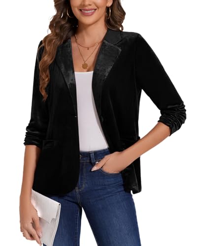 MINTLIMIT Women's Velvet Blazer Ruched 3/4 Sleeve Jacket Notch Lapel Button Open Front Casual Blazers with Pockets
