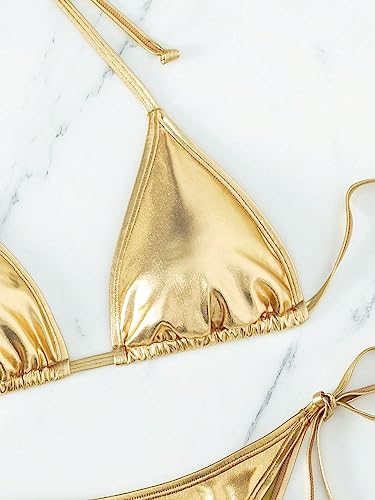 Verdusa Women's 2 Piece Bathing Suit Metallic Swimwear Halter String Triangle Bikini Sets3