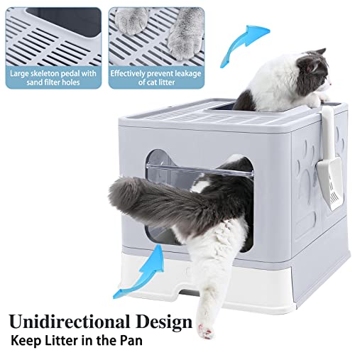 Bolux Foldable Cat Litter Box With Lid, Extra Large Litter Box With Cat Litter Scoop, Drawer Type Cat Litter Pan Easy To Scoop & Low Tracking (Gray, 20" L X 16" W X 15" H) #TOP2