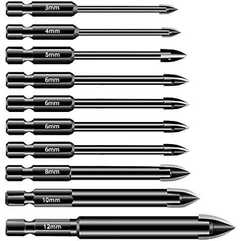 CDIYTOOL 10 Pieces Drill Bits, 3-12mm Tile and Glass Tile Drill Bit Set, Multi-Purpose Hex Shank Tungsten Carbide Drilling Tool for Porcelain Ceramic Tile, Mirrors, Concrete, Brick Wall, Glass Cover