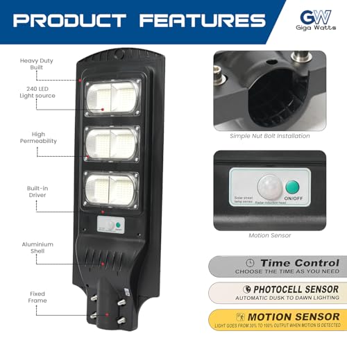Image of Gigawatts 240 LED 90W Solar Street Light with Remote Control High Power 10Ah Battery Inbuilt 15W Solar Panel IP65 Water Resistant Outdoor Lamp for Wall Pathway Garden and Patio (1Pc, Cool White)