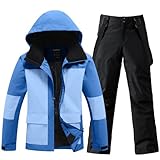 HOTIAN Conjunto de chaqueta y pantalones de esquí para hombre, transpirable, traje de esquí impermeable, resistente al viento, traje de nieve con capucha desmontable, BU+BK, M