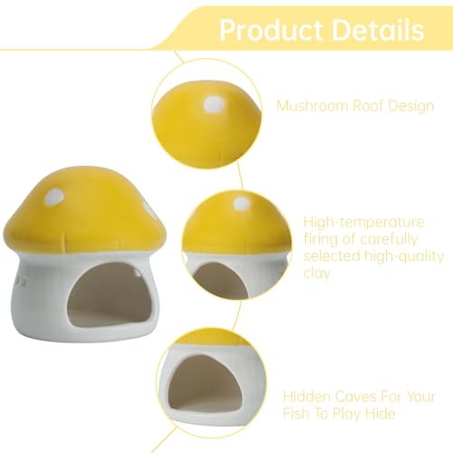 Image of Ceramic Mushroom House Betta Fish Tank Decor - Cute Aquarium Cave Hideout for Shrimp & Small Fish, Non-Toxic Safe Ornament for 5-20 Gallon Tanks (Yellow)