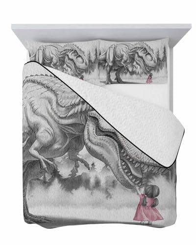Onekaccu Dinosaurs Girl Quilt Twin XL Bedding Set, Lightweight Summer Quilt with Pillow Shams 3 Pieces Gray Funny Cartoon Animals Forest Microfiber Soft Quilt Set Bedspread Coverlet for All Seasons