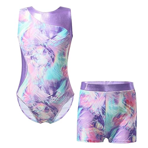 Moily Kids Girls 2 Piece Athletic Outfit Gymnastics Dance Leotard with Booty Shorts Tracksuit Swimwear