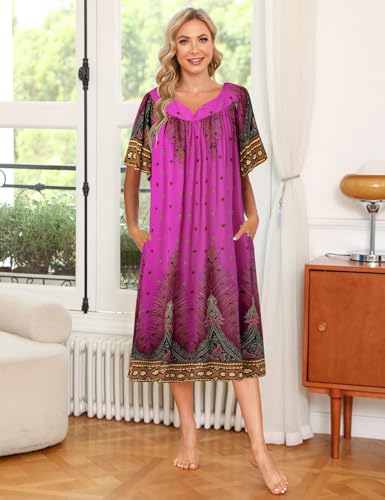 Image of Ekouaer Womens Nightgown Short Sleeve House Dress with Pockets-Floral Print Mumu Dress