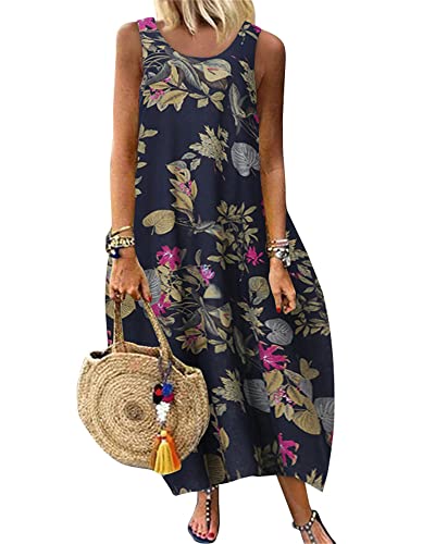 Zanzea Women Spring Summer Maxi Long Dress Short Sleeve V Neck Floral Print Boho Casual Loose Beach Party Midi Dresses Navy X-Large #TOP20