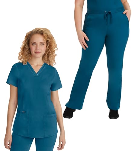 Healing Hands Scrub Set for Women V-Neck Top Caribbean L & 2-Way Stretch Pant M