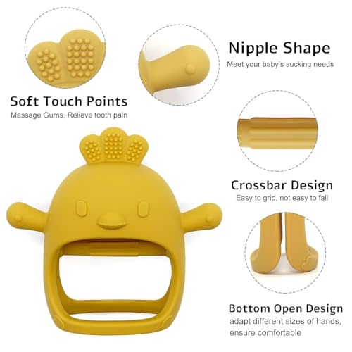 Image of PandaEar Silicone Baby Teething Toys| Baby Hand Teether Mitten for Sucking Needs| Chew Toys Hand Pacifier for Soothing Teething Pain Relief (Rattle Penguin Yellow)