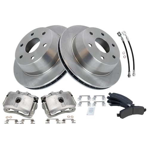 Image of TRQ Rear Brake Pad and Rotor Set Semi Metallic Calipers Compatible with 2002-2006 Cadillac Escalade Chevrolet Avalanche 1500 Suburban 1500 Tahoe GMC Yukon 2003-2006 Yukon XL 1500