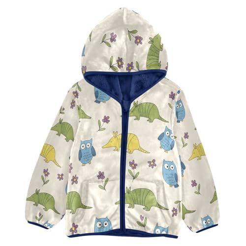 Animal Print with Owls Armadillos Toddler Fleece Jacket Girl Boys Hooded Fleece Jacket Coat Warm Outwear Zip-up 3-10T