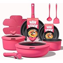 CAROTE 15pcs Pots and Pans Set Non Stick, Cookware Set Non Toxic with Detachable Handle, Induction Kitchen Cooking Set, Dis