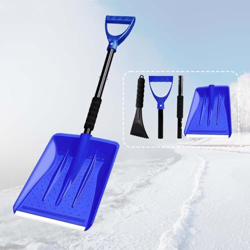 Hmfmdy Schneeschaufel, Schneeschieber mit ergonomischem Griff, leichtes tragbares abnehmbares Schneeräumwerkzeug für LKW- Auto, Garten, Camping, Outdoor, Notfall, Schneemannspielen – Blau