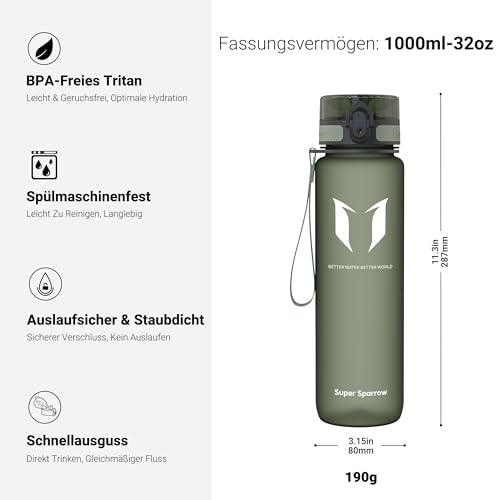 Super Sparrow Trinkflasche - Tritan Wasserflasche - 1000ml - BPA-frei - Ideale Sportflasche - Sport, Wasser, Fahrrad, Fitness, Uni… – Ansicht 3