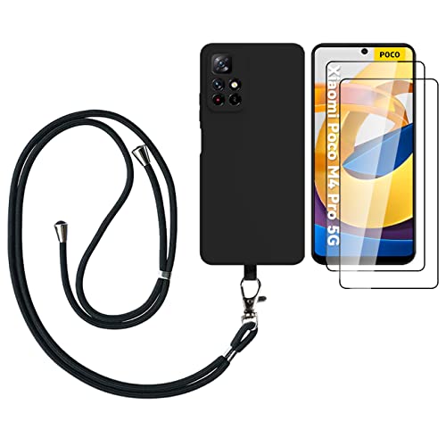 DEVASO Coque pour Redmi Note 11S 5G/Xiaomi Poco M4 Pro 5G avec Cordon Étui Chaîne Silicone Lanière de Réglable Ultra Mince Anti-Scratch Collier Housse + 2 Verre Trempé Écran Protecteur - Noir Cover