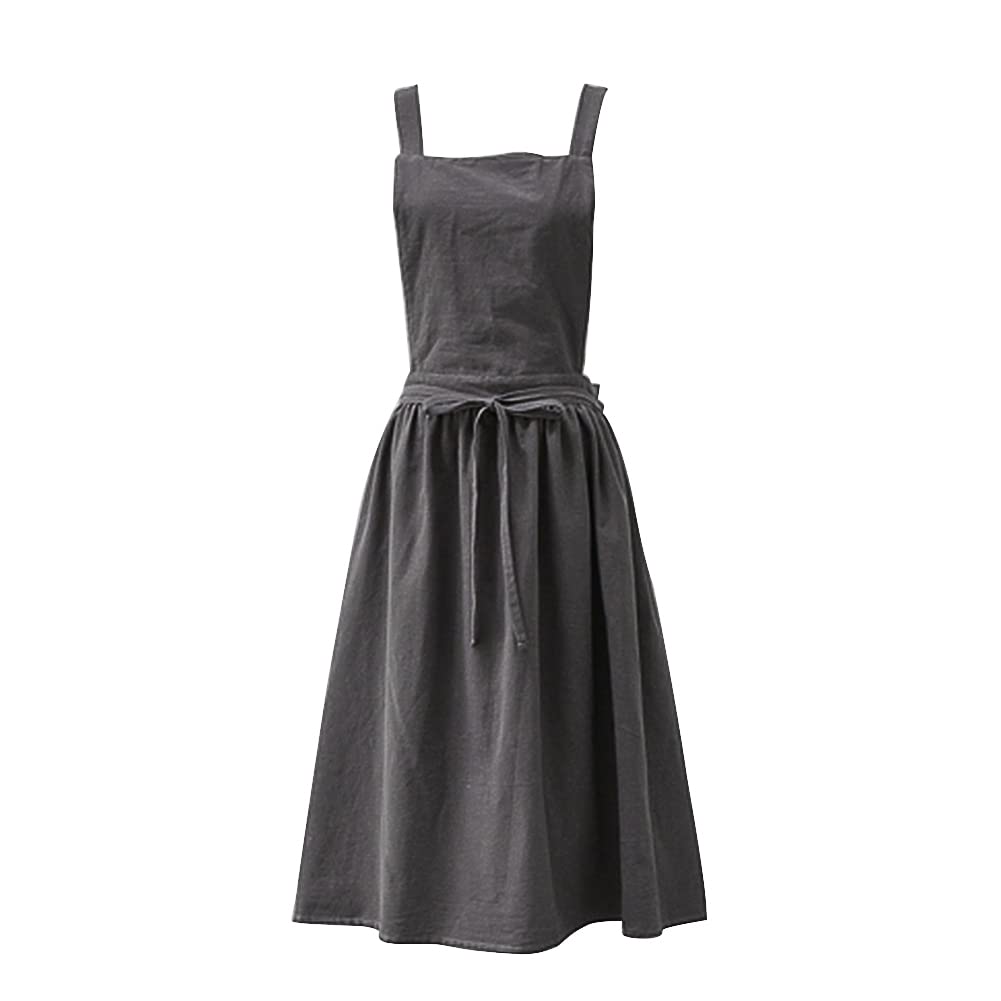 Cotton Linen Apron Solid Color Japanese Style Pinafore Back Straps Casual Bib Soft Aprons Women Round Skirt Dress for Cooking Gardening Coffee Shop