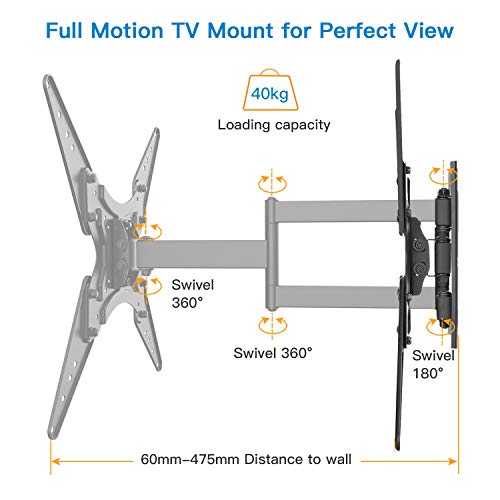 Supporto TV con Braccio Girevole, Inclinabile ed Estendibile- Staffa per Montaggio su Parete per TV da 26-55”, Max VESA 400x400, Supporto Ultra Resistente 40 kg