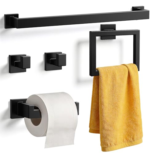 Kitsure 5-Pieces Bathroom Hardware Accessories Set, Rustproof Towel Racks for Bathroom Wall Mounted, 16" Towel Bar, Toilet Paper Holder, Ring & 2 Hooks, Matte Black