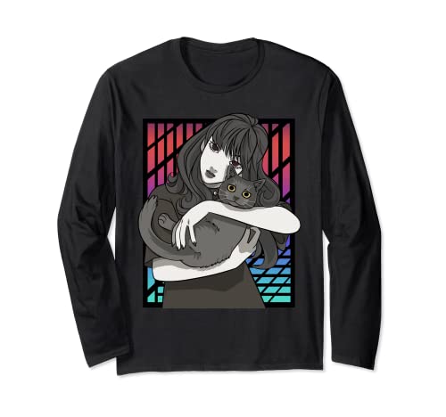 Chica gótica, anime gótico, negra, gatita, gata, mujer, pastel Manga Larga