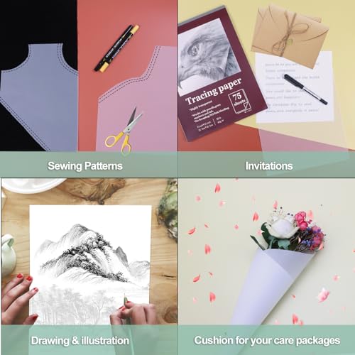 Tracing Paper for Drawing, 9 X 12'' Tracing Paper Pad, 75 Sheets Transparent Vellum Paper for Tracing Pads, 38lb/60gsm Translucent Trace Pad for Pencil Sketching, Image Tracing.