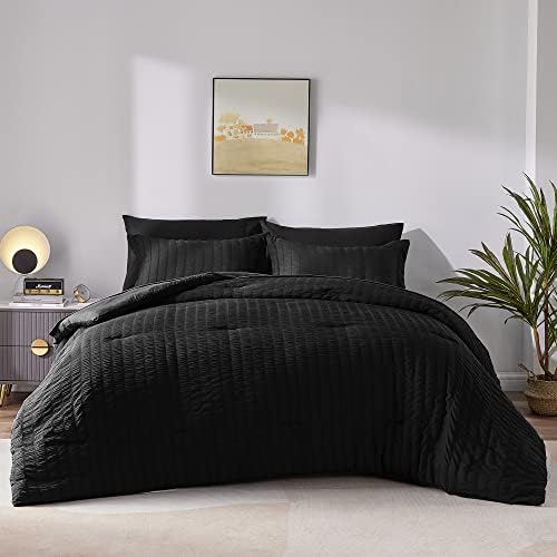 CozyLux Queen Bed in a Bag White Seersucker Comforter Set with Sheets 7-Pieces All Season Bedding Sets with Comforter, Pillow Sham, Flat Sheet, Fitted Sheet and Pillowcase