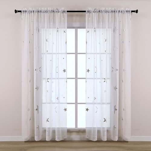 L.Z.E White and Silver Sheer Curtains 108 Inch Length 2 Panels Set for Living Room Kids Room Bedroom Nursery, Light Filtering Extra Long Linen Textured Curtains with Rod Pocket