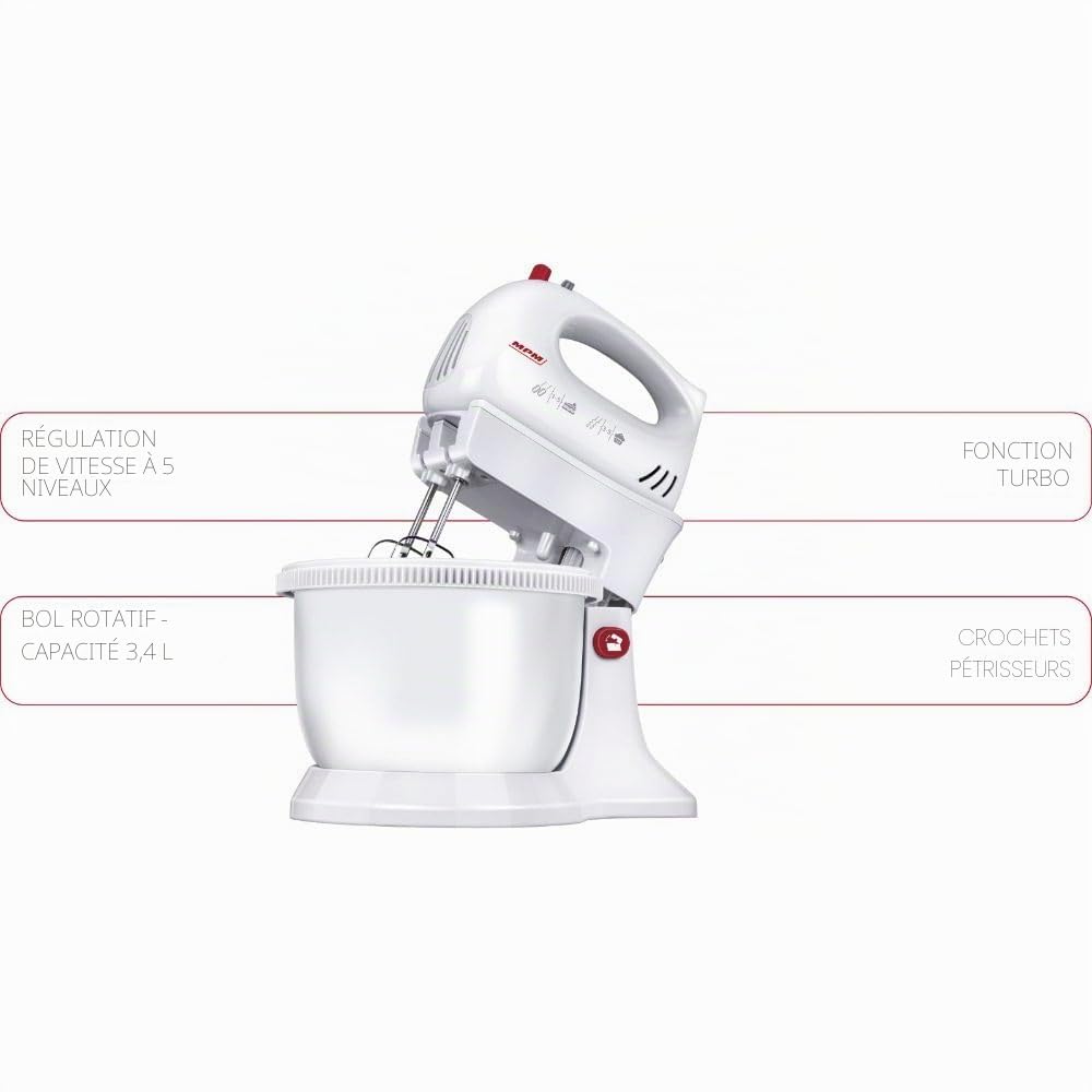MPM MMR-16Z Mélangeur à Pâtisserie avec Bol Rotative 3,4 L, sans BPA, Robot Pâtissier Boulangerie Cuisine, 5 Vitesses + Turbo, Tiges et Crochet Pétrisseur en Acier Inoxydable, Blanc, 750W