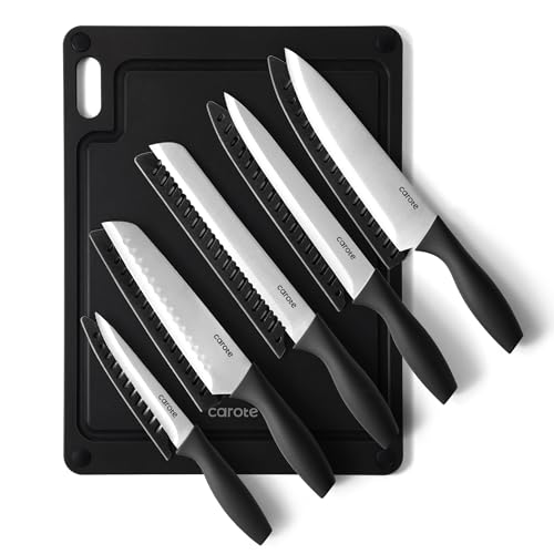 Image of CAROTE Knife Set, 11 Pcs Kitchen Knives with 5 Blade Guards & Non-Slip Cutting Board, Rustproof Stainless Steel 5 Kitchen Knife Set, Plain Black