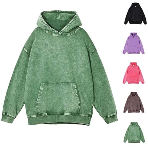 Image of Mens Hoodies Acid Wash Hoodie Oversized Couples Hoodies Vintage Cotton Mens Women Y2K Acid Wash Casual Pullover Hiphop Sweatshirts Streetwear Clothes Green