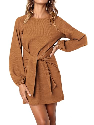 Image of PRETTYGARDEN Womens Spring Elegant Long Lantern Sleeve Short Dress Wedding Guest Crewneck Tie Waist Knit Cocktail Dresses