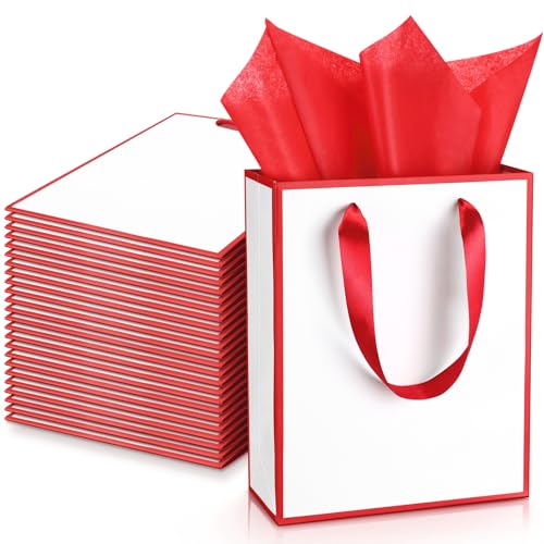 Image of Yeaqee 24 Pack Metallic Paper Gift Bag with Tissue, White, Dark Red | with Satin Ribbon Handle and Tissue, 9x7x3.1 Inch, Suit Business, Birthday, Christmas, Thank You Return Gifts Bags