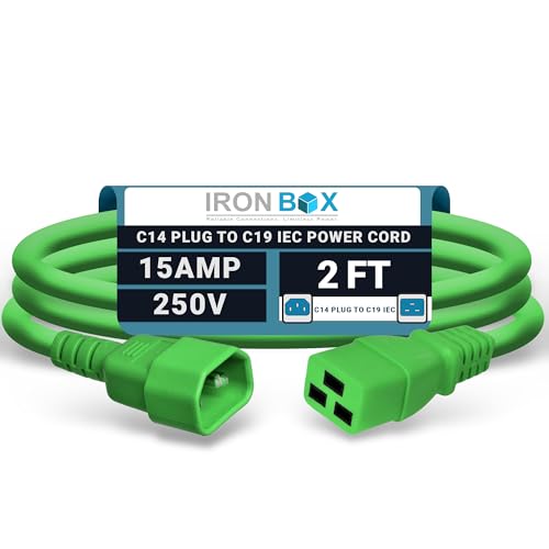 Image of IronBox Electric - Heavy-Duty C14 to C19 Power Cord, 15A, 250V, 14 /3 SJT - IEC60320 PC Cable for Computer Extensions, Monitor, PSU - C14 Male to C19 Female Connector Power Cable - (Green 2 Foot)