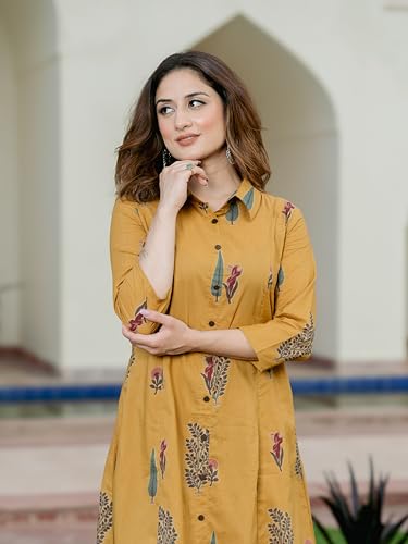 Image of Arayna Women's Pure Cotton Printed A-Line Kurta Set with Pants | Button-Down Collar Kurta