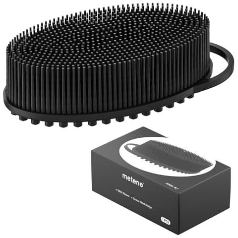 Metene Silicone Exfoliating Body Scrubber with Loop, Body Scrubber for Men and Women, Silicone Loofah for Shower, Soft Silicone Body Scrubber for Shower and Bath Skincare Routine (Black) Cover