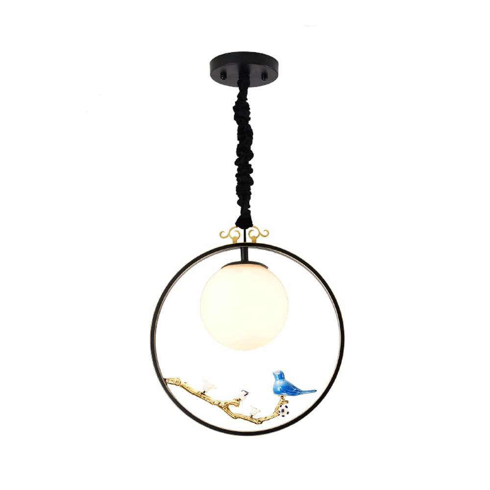 KXEcoLife Oriental Tradition Ceiling Droplight, Ceramic Bird Decoration Art Hanging Pendant Lights E27 Suspension Lamp Lighting Fixture, Glass Globe Lampshade Shade Chandelier for Living Roo