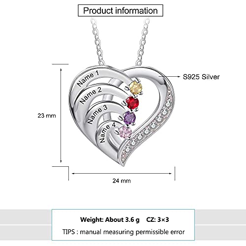 Kaululu Personalized Mothers Necklace With 4 Birthstones, Sterling Silver Necklace For Women Custom Heart Necklace With Names Silver Jewelry Birthday Gifts For Mom Wife Girlfriend Valentine's Day/Christmas Gift/Mothers Day Gifts #TOP4