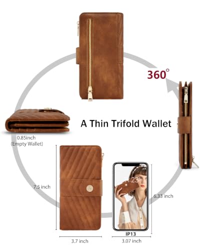 Image of Brown Women's Trifold Wallet,Large Capacity RFID Long Wallet | 16 Card Slots,2 ID Windows,4 Bill Compartments,Vegan Leather,Double Zipper Pockets,Large Capacity Organizer