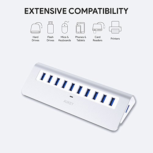 AUKEY Powered USB Hub, Aluminum 10 Port USB 3.0 Data Hub with 12V/3A Power Adapter, 3.3ft USB Cable for MacBook Air, Mac Mini, iMac, Laptop, PC, USB Flash Drives, HDD Hard Drive (Silver)