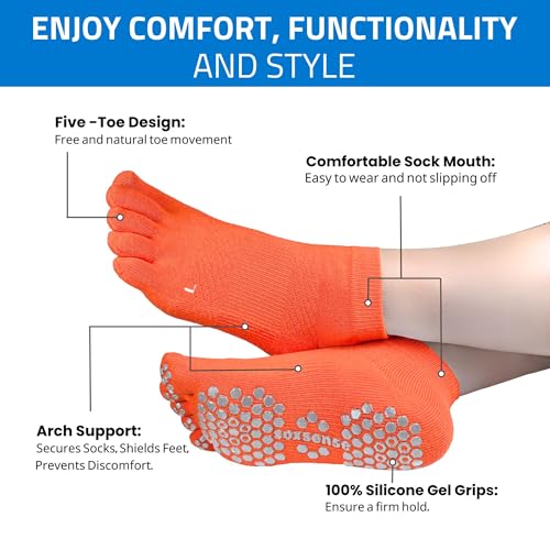 Image of Soxsense Multi-Pack Sports Grip Toe Socks with Cushion, Non-Slip Finger Socks for Pilates, Home Gym, Soccer, basketball