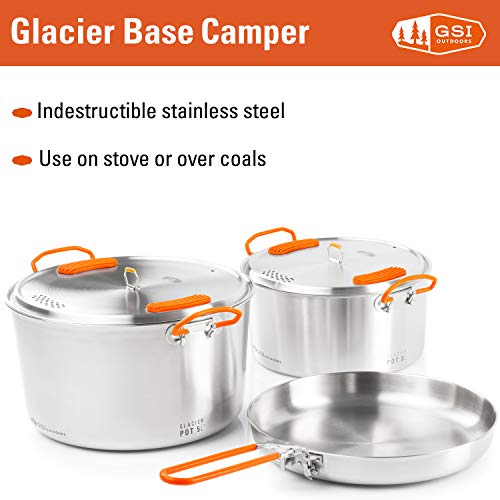 Gsi Outdoors Glacier Stainless Steel Base Camper - Medium - 3 Pieces Cookset - Compact, & Durable Pot Pan For Camping #TOP1