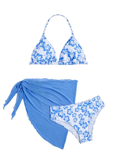 Image of SOLY HUX Girl's Summer Swimsuit Set Floral Halter Triangle Bikini Set with Wrap Skirts Beachwear